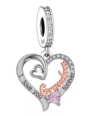 Grandma I Love You Forever Heart Charm 💜 Genuine 925 Sterling Silver Gift • £16.89