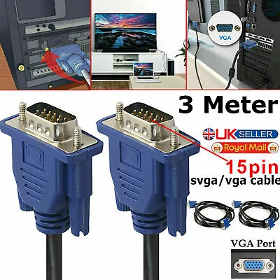 £3.29 • Buy 3 Meter VGA/SVGA Male To Male HIGH QUALITY Cable Lead MONITOR TV LCD PROJECTOR