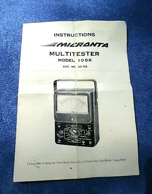 MICRONTA MULTITESTER Model 100K 22-152 Instructions Paper Radio Shack MULTIMETER • $7.16