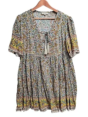 Iris Maxi Dress Size 14 Boho Short Sleeve White Yellow Paisley Short Gypsy • $16