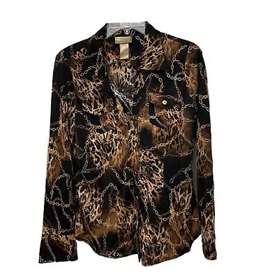 Miss Tina Brown Leopard Chain Button Up Blouse Womens Size Medium 8-10 • $16