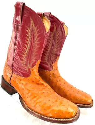 Tony Lama Red Brown Ostrich Leather Square Toe Cowboy Wester Boots Shoes Men 12D • $159.99