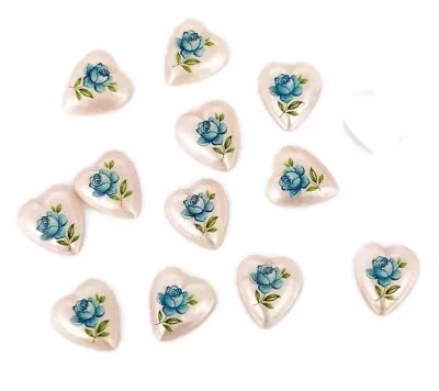 $2.62 • Buy 12 Vintage Japan Glass Blue Rose 11mm Pearlized Heart Cameo Cabochons 392