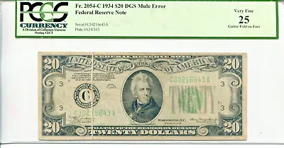 1934 $20 FRN Philadelphia Mule Error Gutter Fold On Face PCGS VF25 #C30216643A • $300