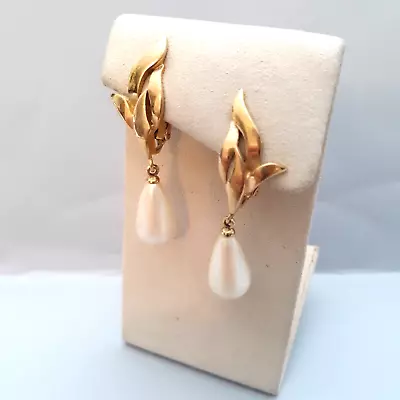 Vintage Richelieu Earrings Teardrop Faux Pearl Drop Dangles Gold Tone Clip On  • $24