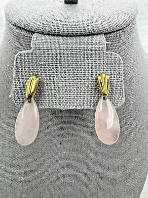 Vintage Gold Tone Pierced Earring With Polished Pink Teardrop Stone • $7.64