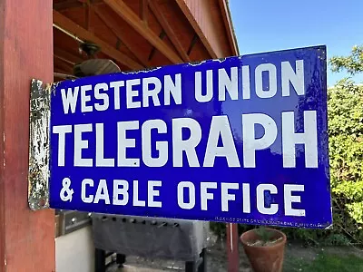 Vintage Western Union Telegraph & Cable Office Porcelain Flange Sign • $595