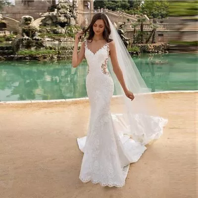 Sexy Mermaid Wedding Dresses Charming V-Neck Lace Applique Illusion BacklessGown • $130.14