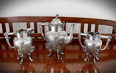 1800’s Victorian Wilson Quadruple Silverplate Teapot Sugar & Creamer - #123 S • $249.95