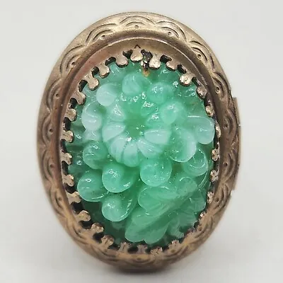 Vtg Chrysanthemum Locket Ring Molded Glass Brass Gold Tone Photos Faux Jade RARE • $59.95