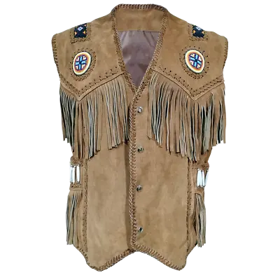Mens Western Wear Cowboy Beige Suede Leather Beaded Vest Fringe Bones NV07 • $103.27