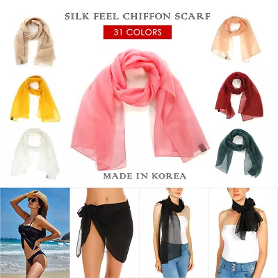 Silk Feel Chiffon Oblong Sheer Scarf 19x60 Inch Beach Wraps Made In Korea • $10.99