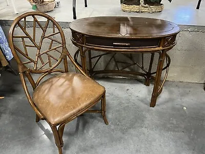 $450 • Buy Rattan Desk & Chair Set Trellis Bamboo Vanity Vintage McGuire Cracked Ice Style?