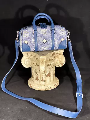 MCM Boston Mini Blue Vintage Jacquard Logo Fabric Satchel Crossbody Handbag • $276.53