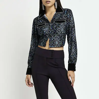 £7 • Buy River Island Womens Button-Up Shirt Blue Spot Velvet Cropped Casual Top