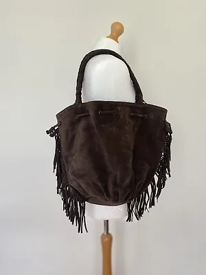 £35.99 • Buy Brown Sued Fringe Shoulder Bag With Braded Handles H36xW48xD17cm Handles 50cm