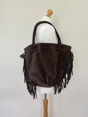 £35.99 • Buy Brown Sued Fringe Shoulder Bag With Braded Handles H36xW48xD17cm Handles 50cm