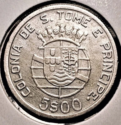 $27.99 • Buy Portuguese Saint Thomas & Prince 5 Escudos 1939 Coin (SILVER! RARE! 60k Minted!)