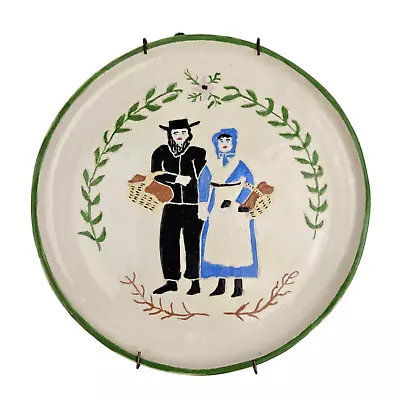 Vintage Pottery Plate Amish Farmer Couple  Hand-painted Wall Decorative 1950's • $22