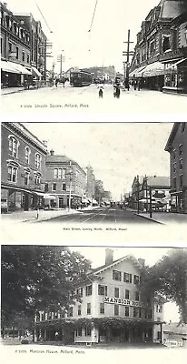 Milford MA; 3 Old PCs--Lincoln Square Trolley Main Street Mansion House; 1910s • $12.15