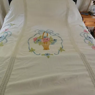 Vintage Bedspread Handmade Cross Stitch From Kit 12 Floral Bouquets Ivory 73x90 • $71.86