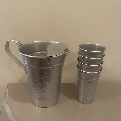 VTG Hammered Metal Pitcher With Four Aluminum Glasses • $20