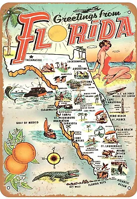 Sign Wall Decor Florida State Map Landmarks Greetings Retro Tin Gift Idea  • $9