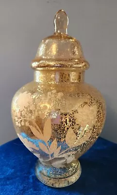 Urn Gold Glass Pedestal Vase Flowery Design 13  With Lid Sparkling  • $19.99