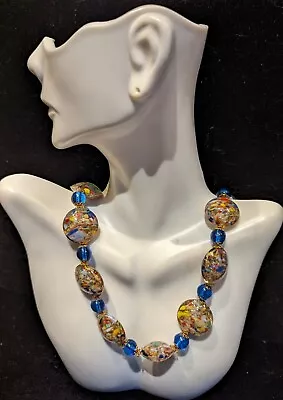 Vintage Murano Venetian Speckled Confetti  & Cobalt Glass Disc Bead Necklace 18  • $42