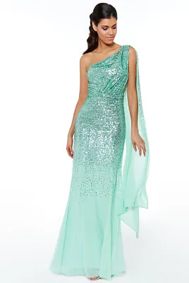£58.88 • Buy Goddiva Sequin Chiffon Sash One Shoulder Maxi Evening Dress Bridesmaid Prom 8-18