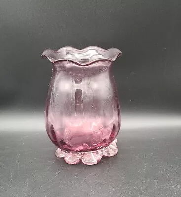 Vintage Cranberry Purple Lilac Art Glass Hand-Blown Ruffled Vase Attached Bottom • $14