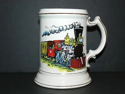 VINTAGE JAPAN MUSTACHE MUG Or CUP W STEAM LOCOMOTIVE - TRAIN - Gold Trim - Nice! • $13.95