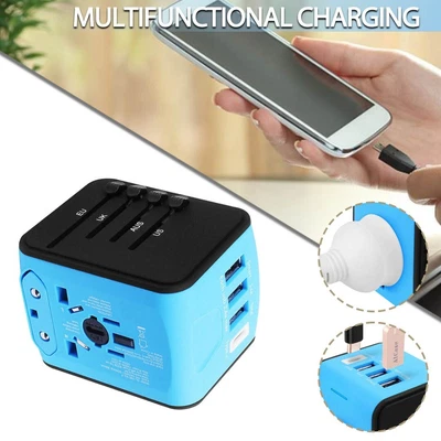 $24.18 • Buy Universal World Travel Adapter 3 USB &Type-C Charger US/UK/EU/AU Plug Converter