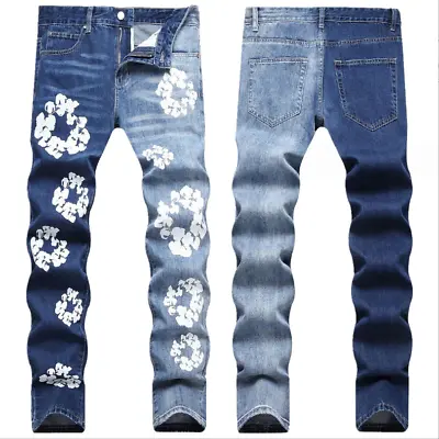 Men's Blue Denim Jeans Floral Printed Straight Leg Stretch Pants Trousers Punk • $37.98