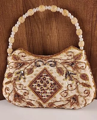 Vintage Beaded And Sequined Handbag Pearl Beaded Handle Small • $18