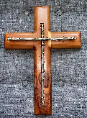 Vintage Wooden Cross Crucifix  Spike Nails Copper Metal Cedar Handmade Wall Art • $29.99