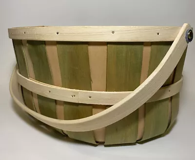 Woven Green/Tan Wooden Basket With Moveable Wooden Handle - 12.75 X 10 X 6 In • $6