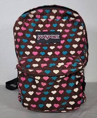 Jansport 16  Brown Corduroy Cupid Hearts Backpack Pink Blue Cream Superbreak Bag • £44.60
