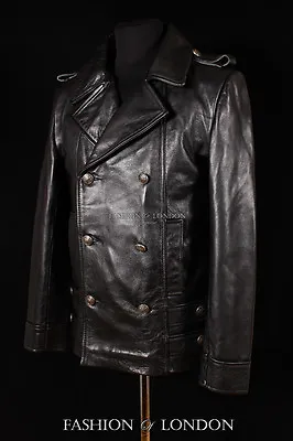 Men's SAILOR GERMAN Jacket Black ANILINE Cowhide Kriegsmarine Leather Pea Coat • £106.92