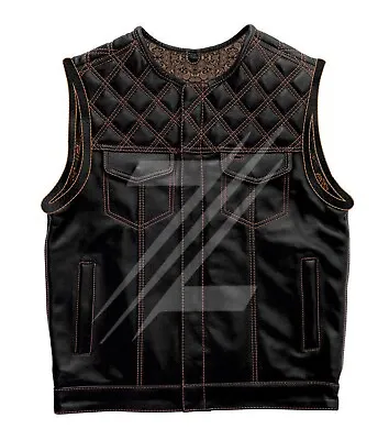 Men's Leather Vest Hunting Riders Diamond Quilted Orange Paisley Motorcycle Vest • $162