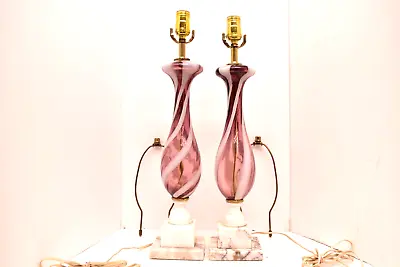 VTG Mid-Century Modern Italian Swirl Murano Art Glass Lamps A Pair W Marble Base • $447.17