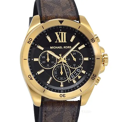 Michael Kors Brecken Mens Gold Chronograph Watch Black Dial Brown Silicone Band • $106.80