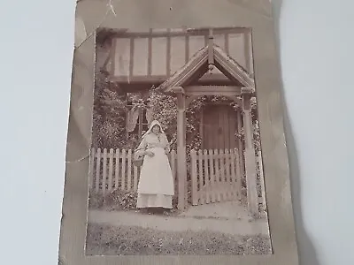 Edwardian Photo Of Old Lady With White Bonnet & Period Dress Outside Cottage • £3