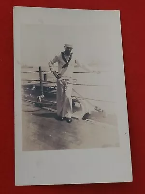 REAL PICTURE POSTCARD - WWII Military Ship-Navy Picture- Vintage SAILOR LEANING • $10