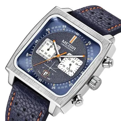 MEGIR Monaco Chronograph Calibre 12 Mens Luxury Quartz Leather Strap Watch New • £20.55