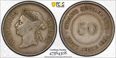 Straits Settlements 1901 Victoria 50 Cents. PCGS VF 30. 120000 Mintage. • $199