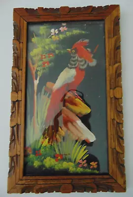 Vintage Mexican Feather Bird Art 10.5X6.5 Inch Hand Carved Wooden Frame • $34.99