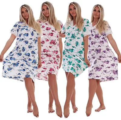 Ladies Floral Nightdress Short Chemise Cotton Blend Short Sleeve V-Neck Lace • £10.95