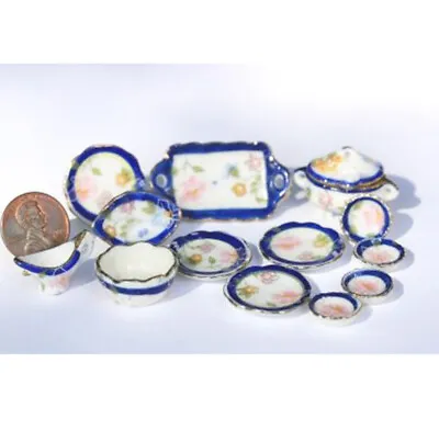 Dollhouse Miniature *SALE* Blue And Gold Floral Ceramic Dinner Set • $4.99
