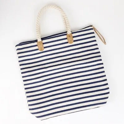 NWT Summer & Rose Nautical Tote Bag Blue/White Canvas Stripe Rope Handles • $12.50